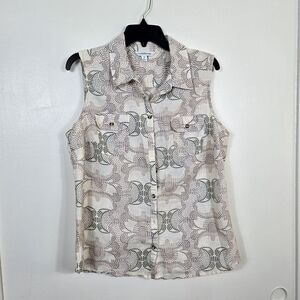 Croft & Barrow Women Sleeveless Dot Pattern Lightweight‎ Linen Button Top XL